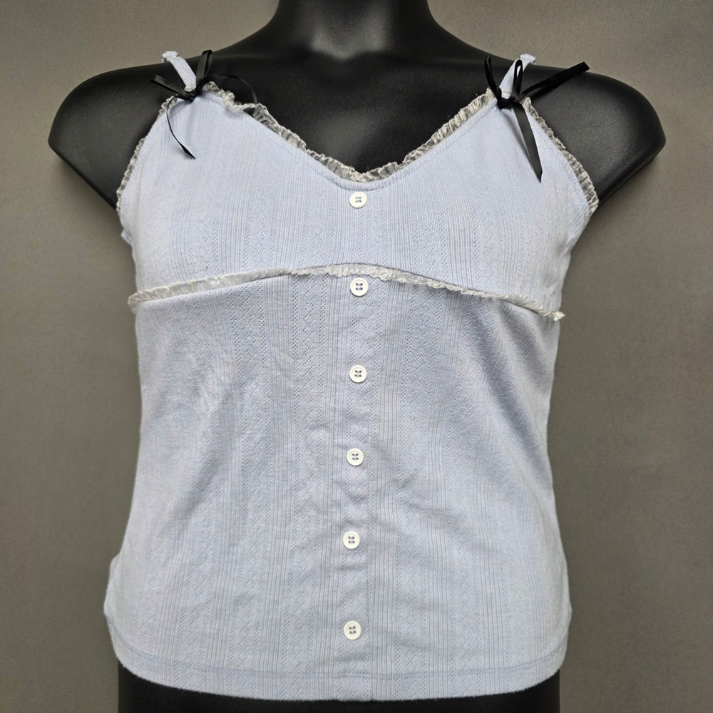 Sugar Thrillz Cami Tank Top Women's Pointelle Lace Trim Bows Blue XL